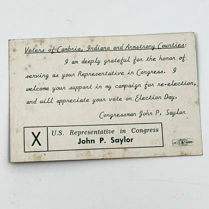 1950s Political Ad Card John P. Saylor for Congress Republican Somerset PA D6-1