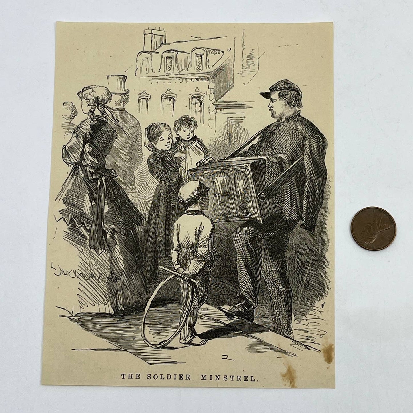 1880s Original Print Engraving The Soldier Minstrel Victorian NY ~4.5x6.5" AC9