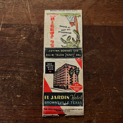 El Jardin Hotel Brownsville TX Advertising Matchbook Cover SB3-M3