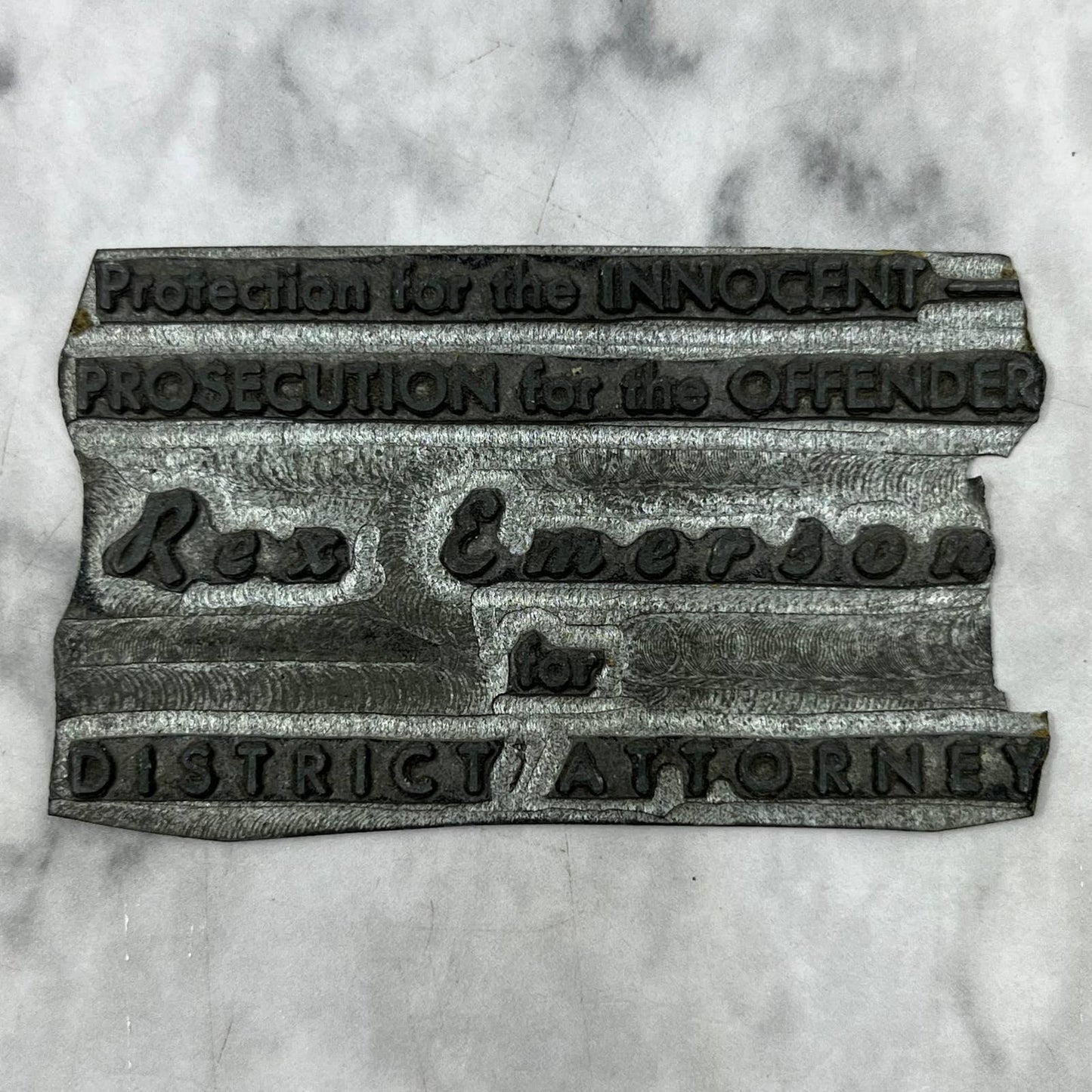 Vintage Letterpress Printers Block Plate Rex Emerson for District Attorney TJ59