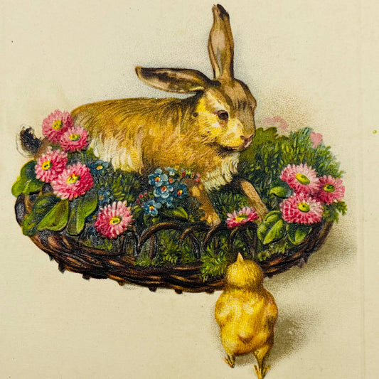 1910s Easter Post Card Winsch Back Bunny in Basket Baby Chick Embossed PA3