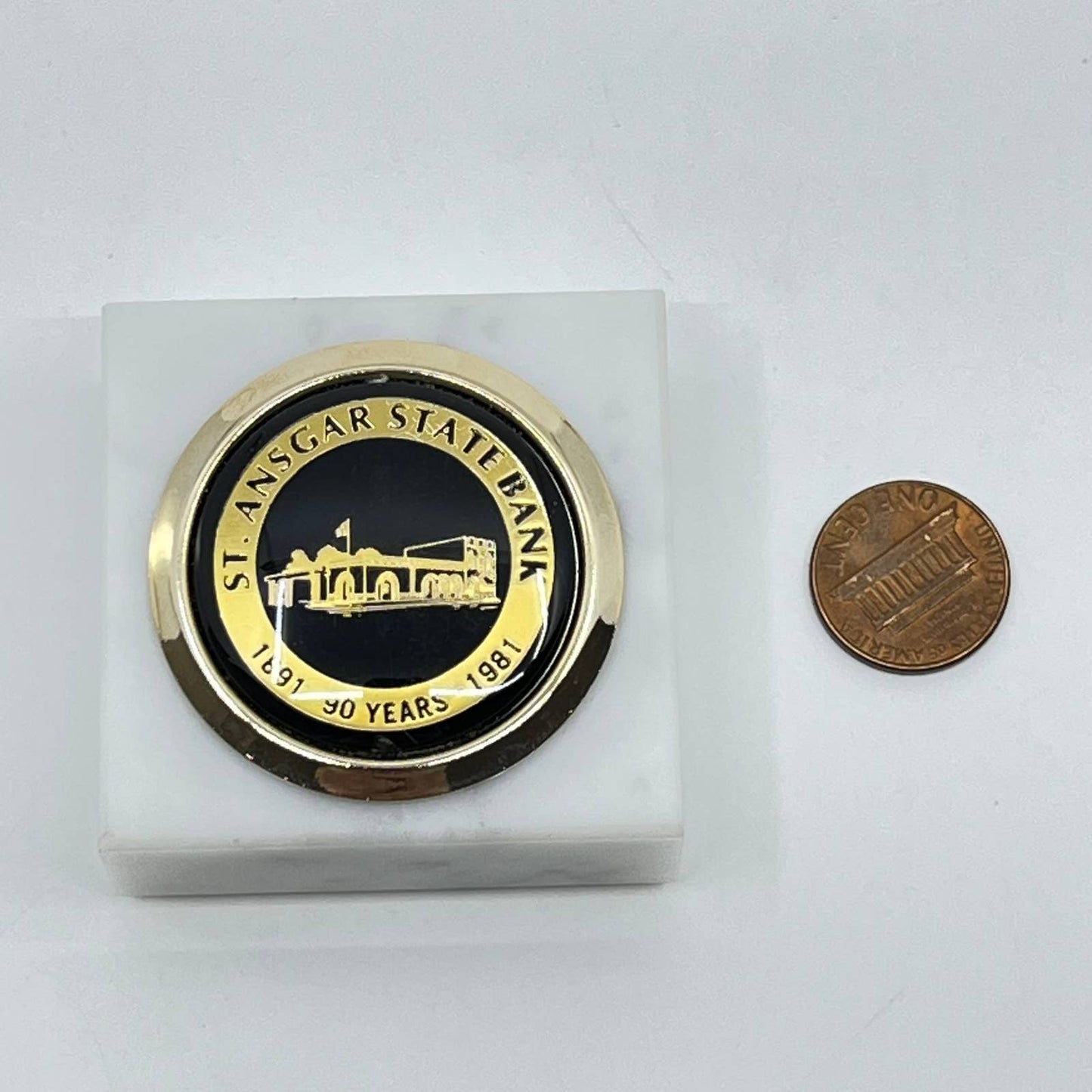 1981 St. Ansgar State Bank Iowa 90th Anniversary Marble Paperweight SD3