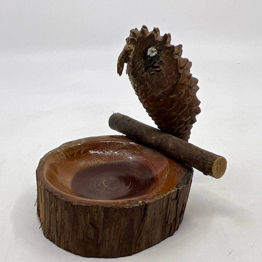 California Redwood Artisan Hand Carved Pinecone Owl Folk Art Trinket Dish TI4