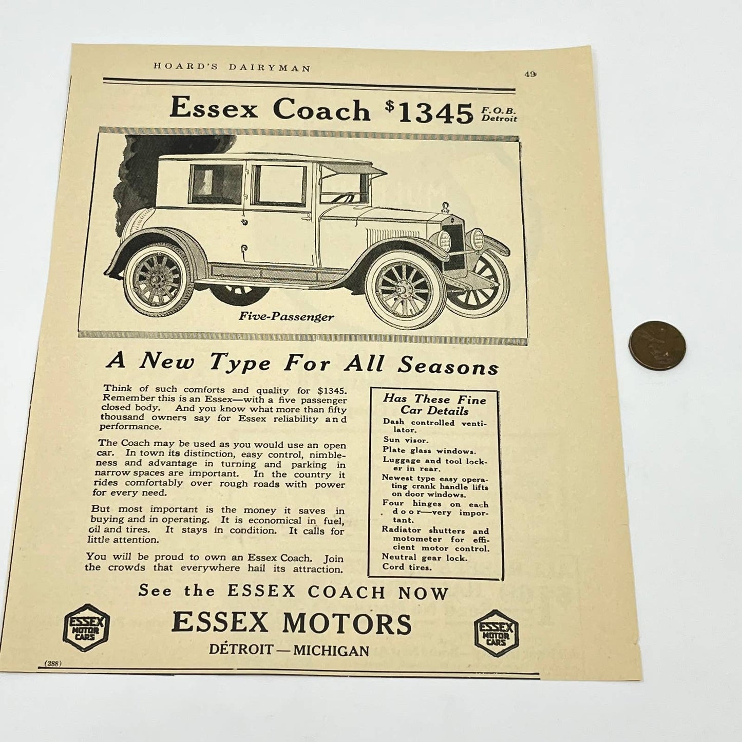 c1920 Essex Coach 5 Passenger Motor Car Automobile Ad Detroit MI AA8