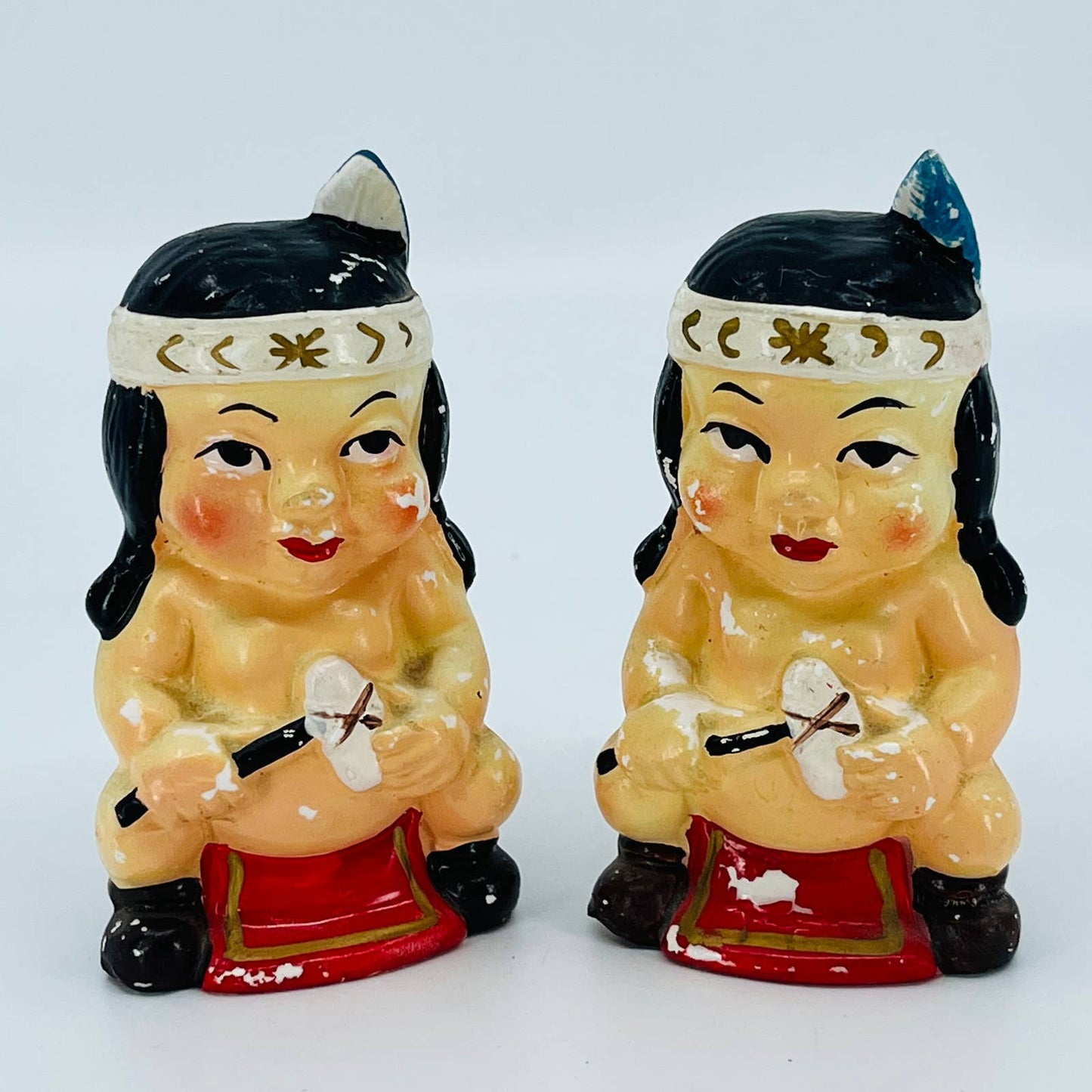 VTG 1950s Indian Native American Twin Children Salt & Pepper Hand Painted TB5