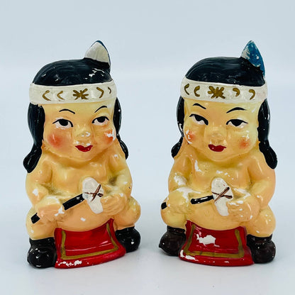 VTG 1950s Indian Native American Twin Children Salt & Pepper Hand Painted TB5