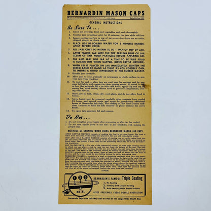 1940s Bernardin Mason Caps Canning Instructions Leaflet Fold Out D2