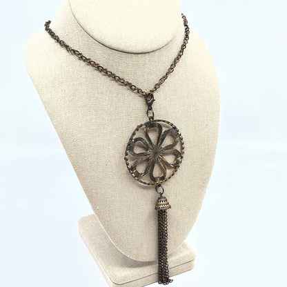 Vintage Boho Copper Tribal Sunburst Pendant & Tassel Extra Long Necklace 30" SD5