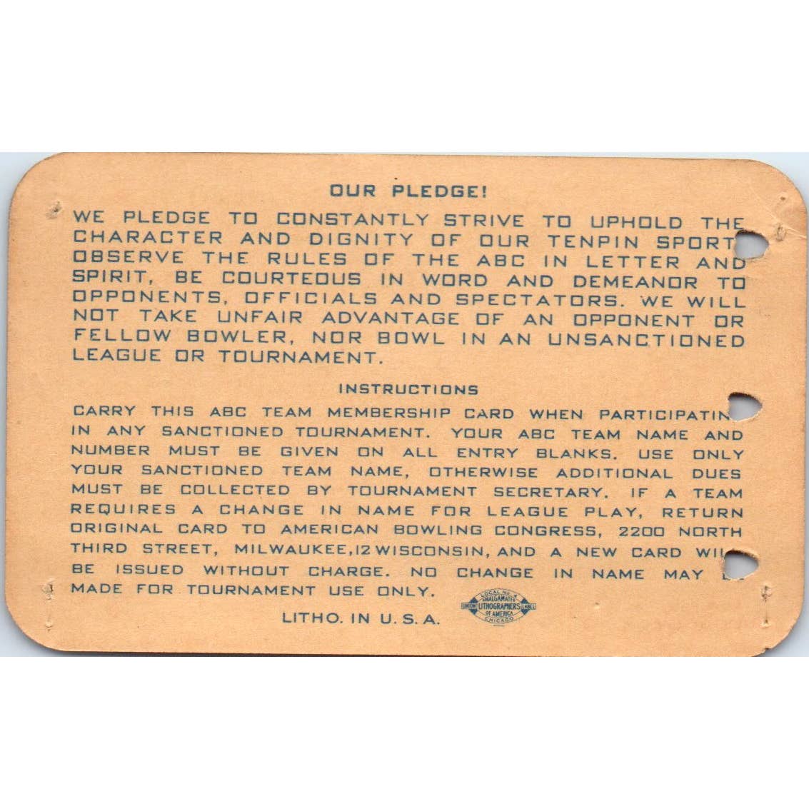 1949 American Bowling Congress Milwaukee Membership Card Eagles 800 SE5-20