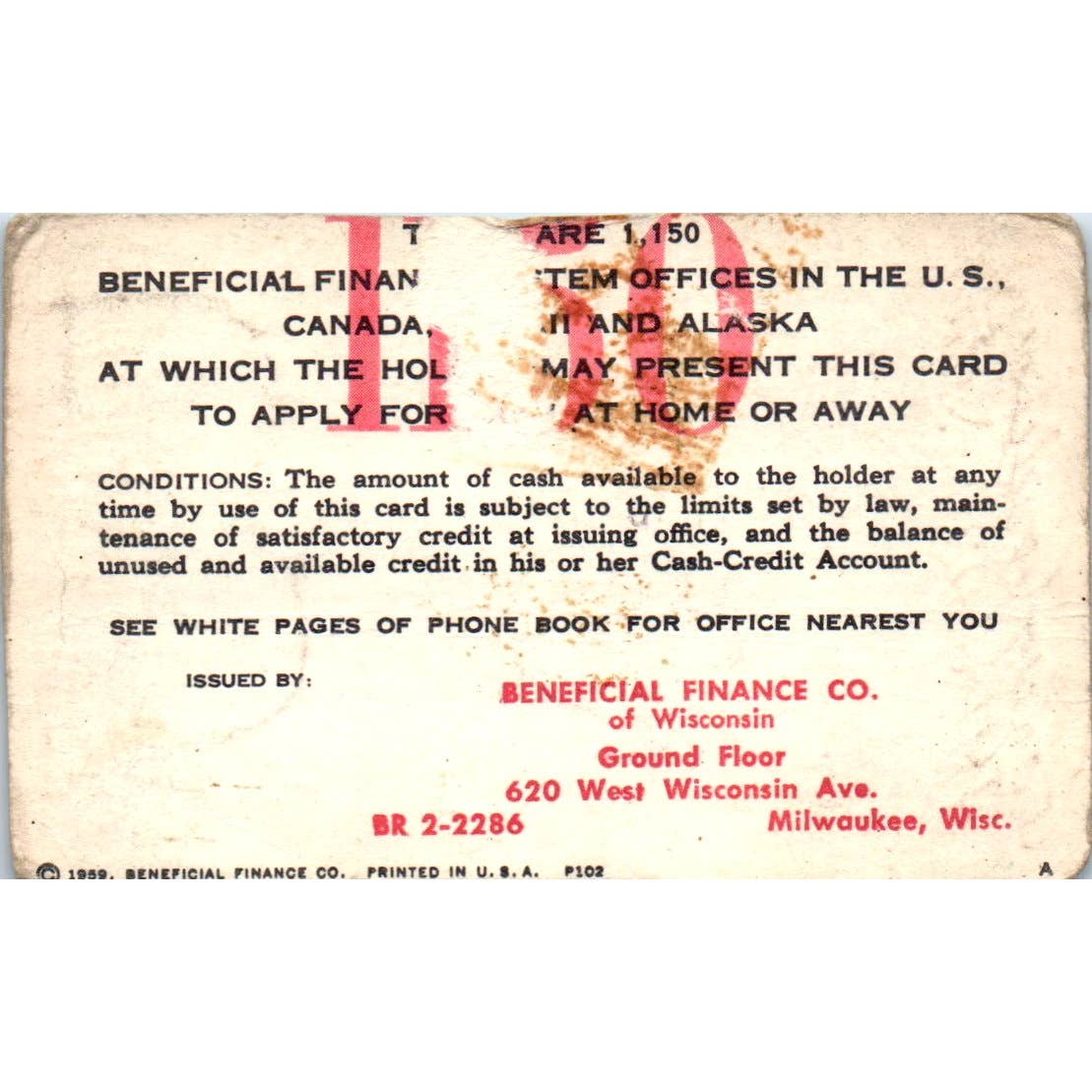 1959 Beneficial Finance System Cash Credit Account Card Milwaukee Obsolete SE5