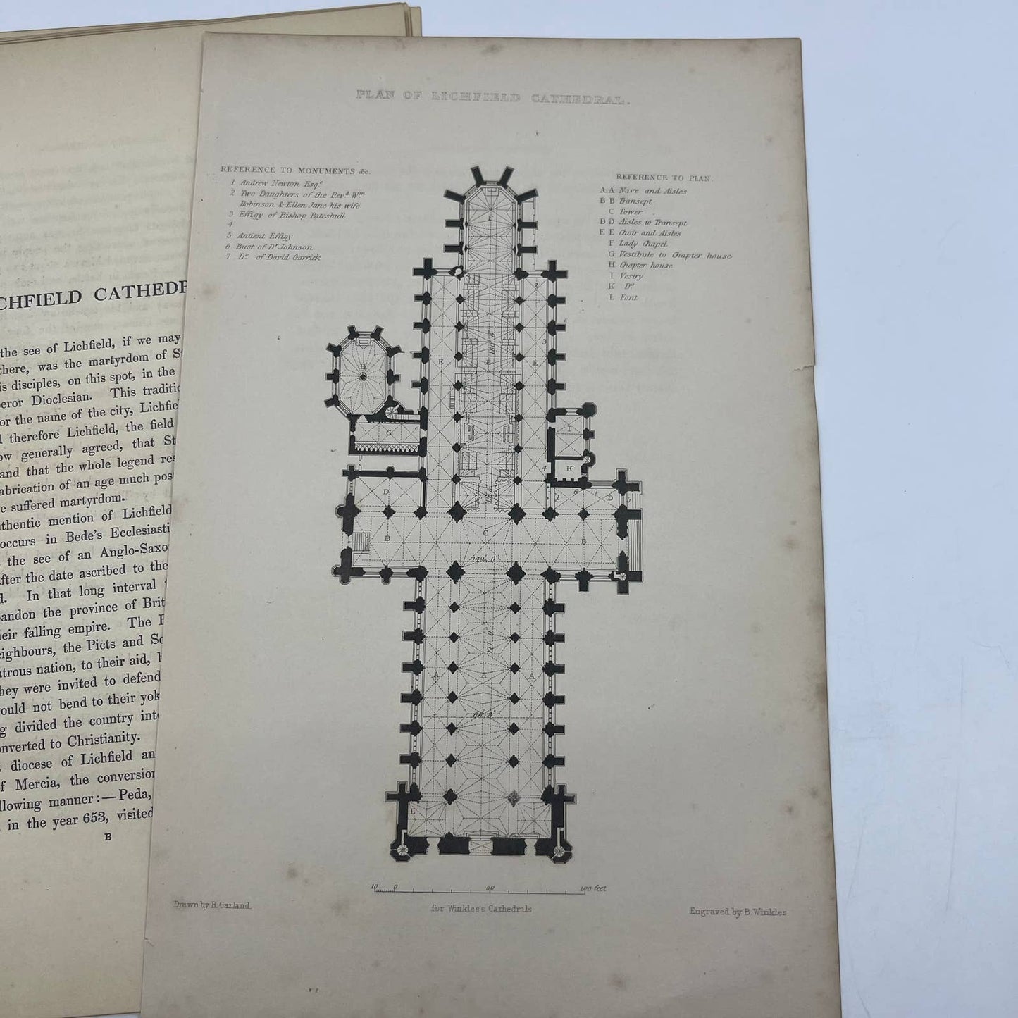 1842 Original Art Engraving Lichfield Cathedral, Floor Plan and Bio TG6