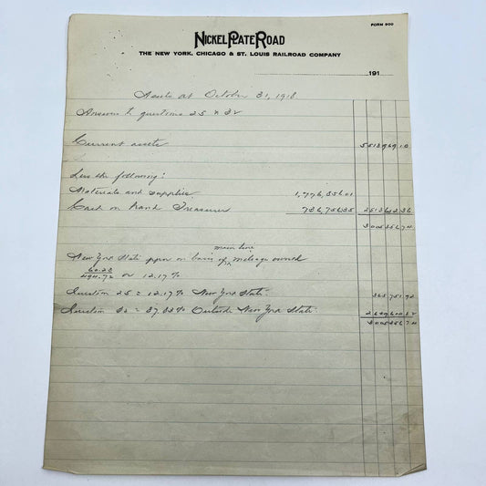 1918 New York, Chicago & St Louis Railroad Co. Nickel Plate Rd Ledger Sheet AA9