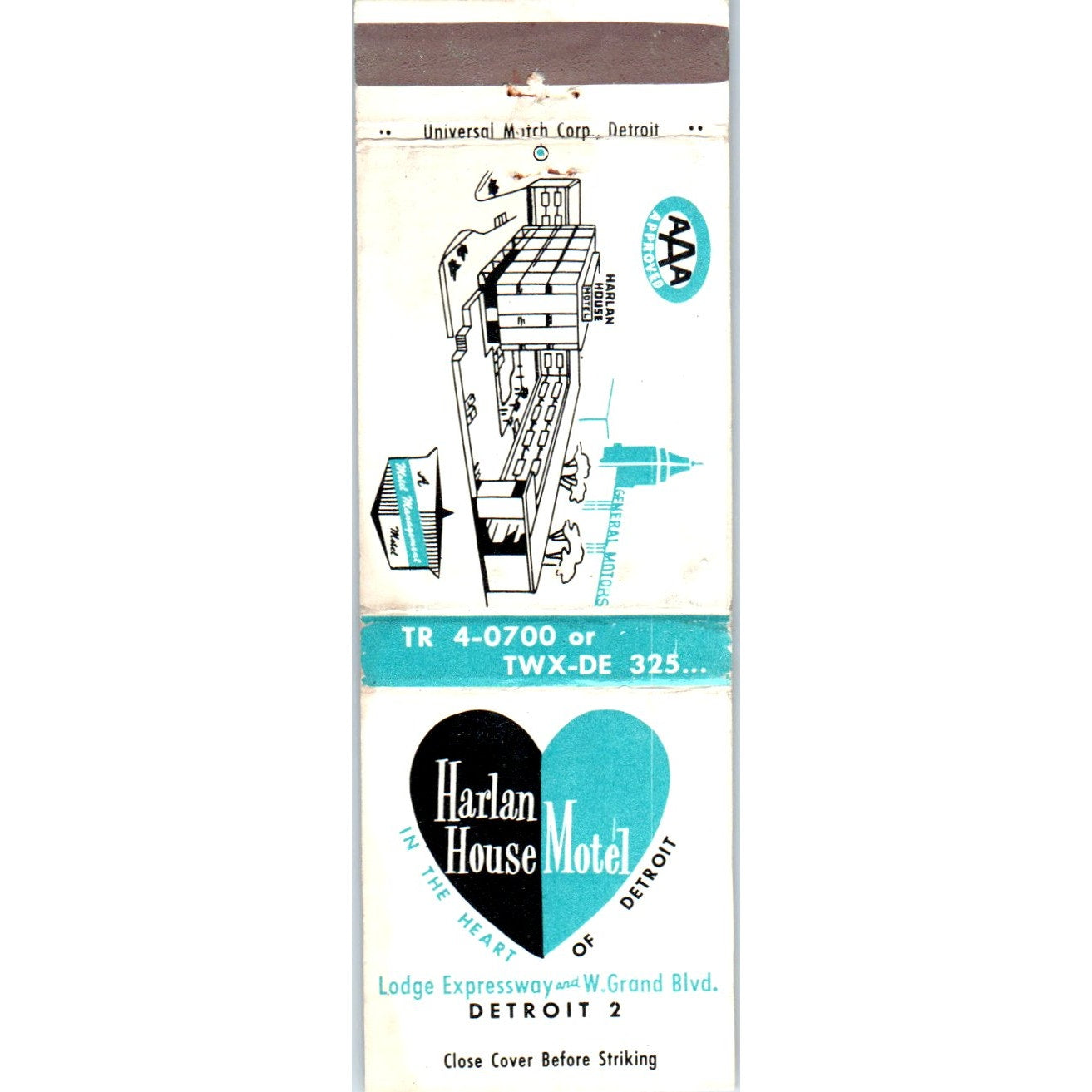 Harlan House Motel Detroit MI Advertising Matchbook Cover MM9-8