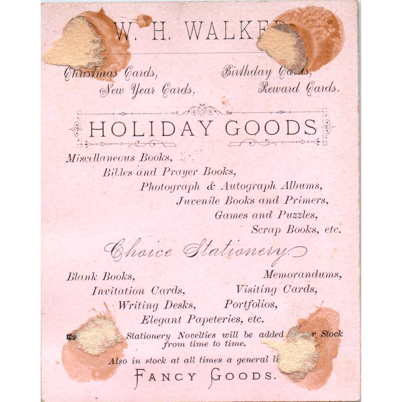 1880s Victorian Trade Card W.H. Walker Holiday Goods Forget Me Not SF2