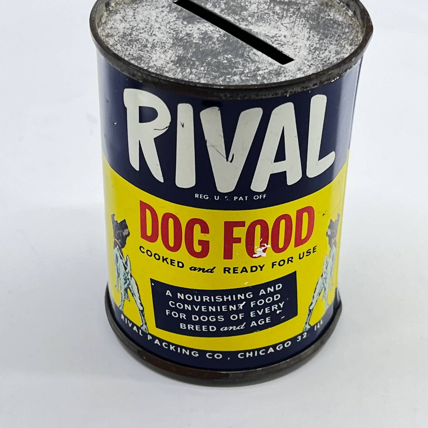 1950s Advertising Premium Rival Dog Food Metal Tin Litho Coin Bank TE3