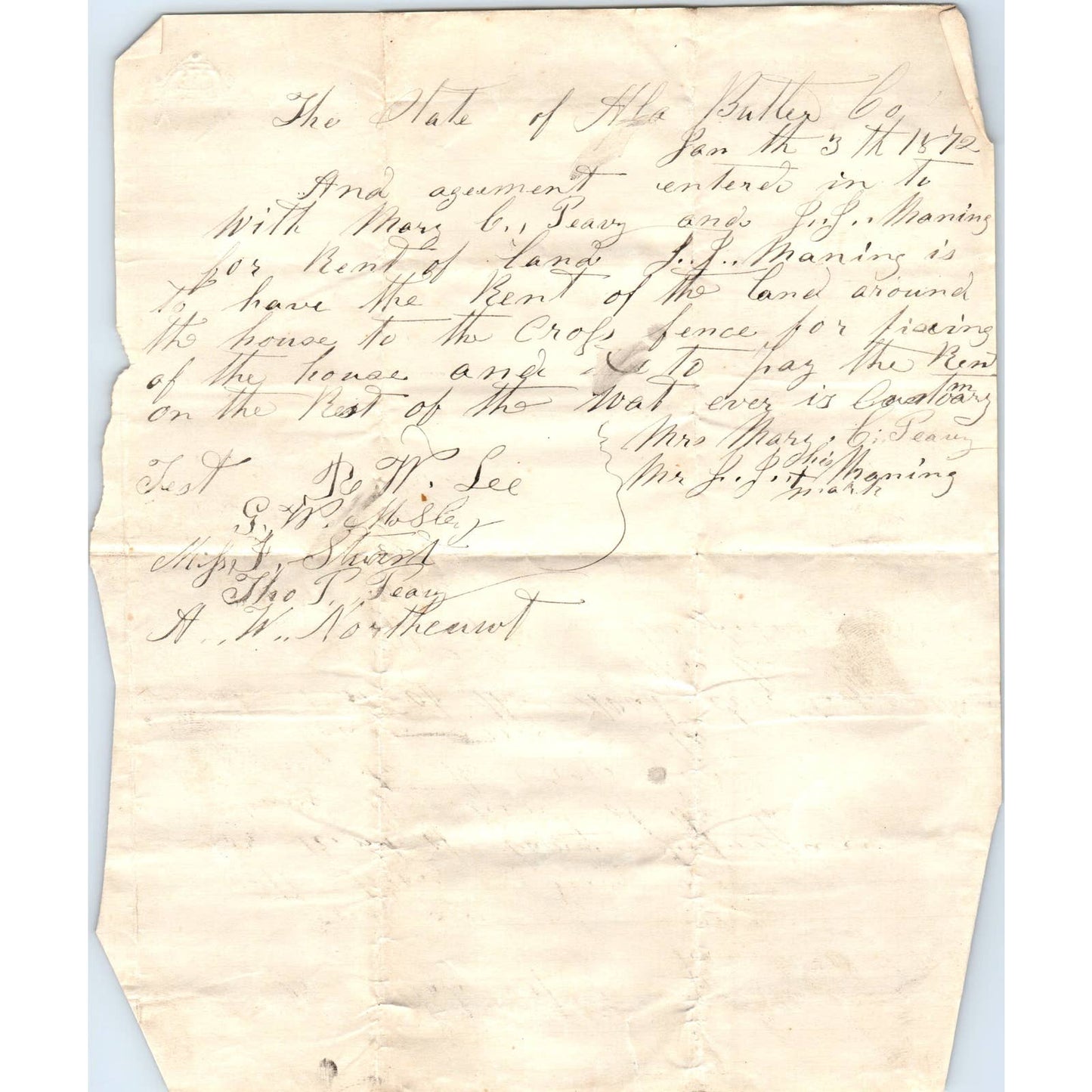 1872 Butler County AL Handwritten Land Agreement JJ Maning RW Lee Peavy AD6