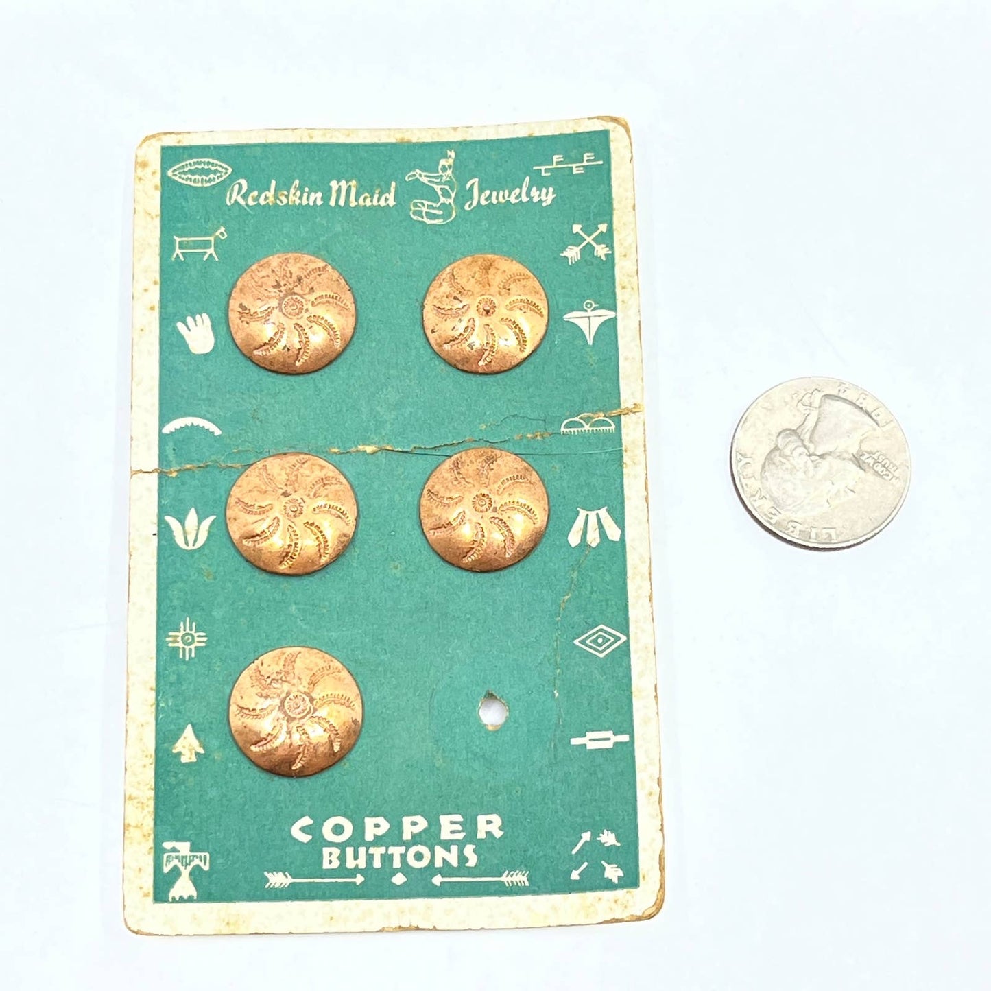 1930s Art Deco Lot of 5 Redskin Maid Jewelry Copper Buttons on Card SD6