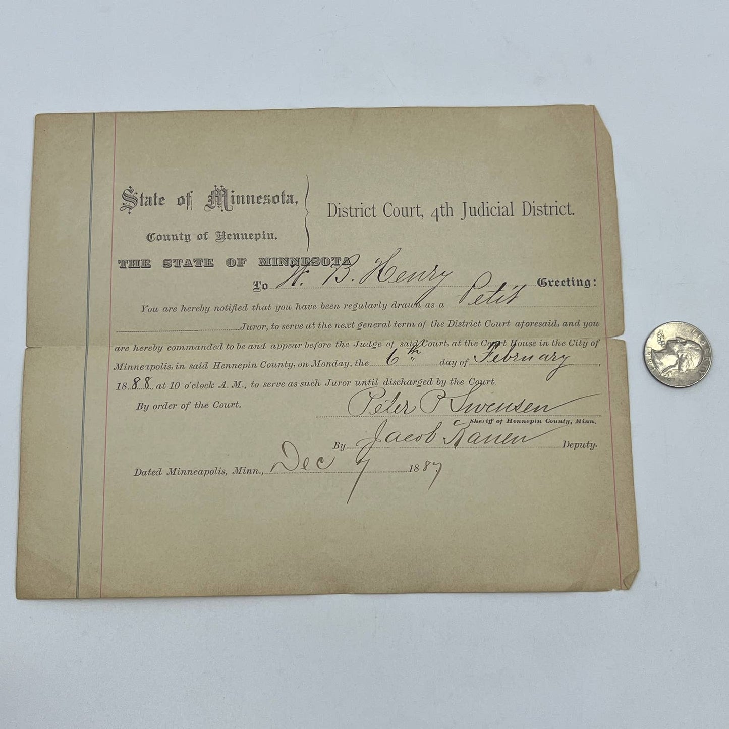 1889 Minnesota Jury Duty Notice Hennepin County 4th Judicial District AB7