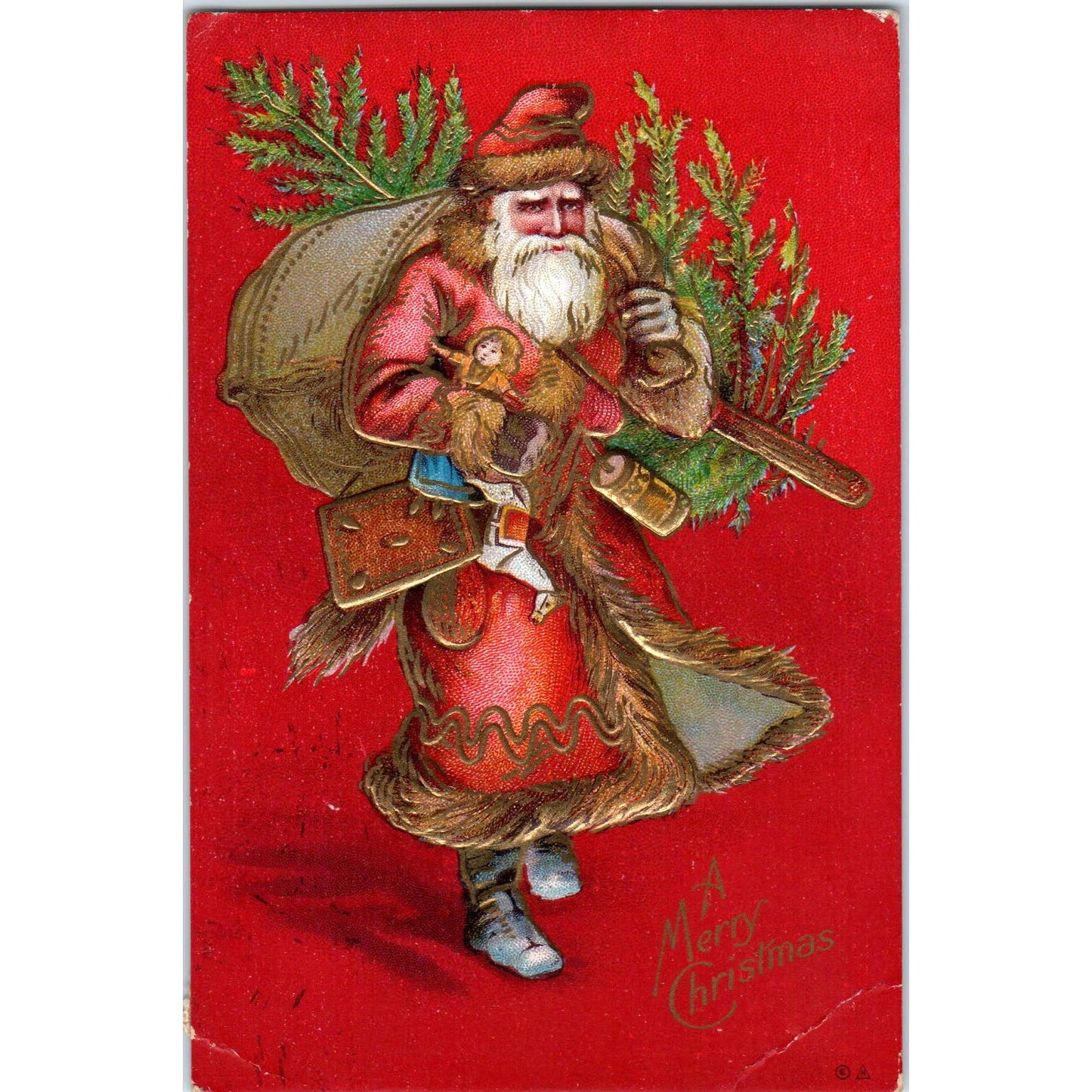 Antique Postcard Christmas SANTA Tree & Toys Bright Red EMBOSSED Gilded NASH EA3