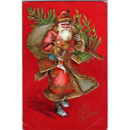 Antique Postcard Christmas SANTA Tree & Toys Bright Red EMBOSSED Gilded NASH EA3