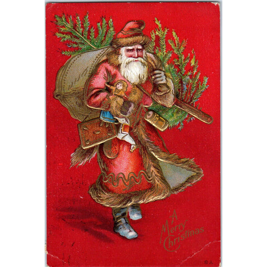 Antique Postcard Christmas SANTA Tree & Toys Bright Red EMBOSSED Gilded NASH EA3