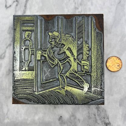 Vintage Printers Block Plate Cartoon of Man Coming Home From Work TJ52