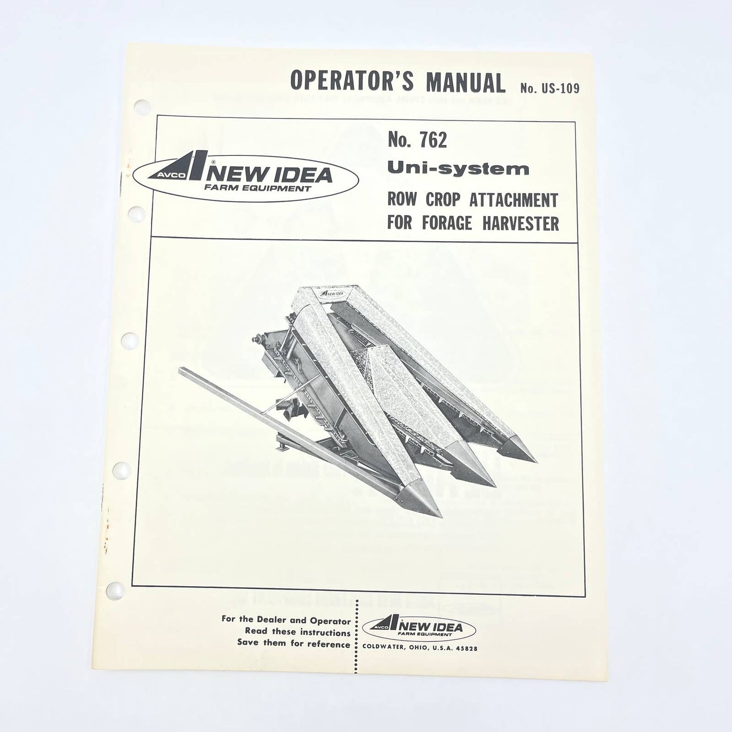 Original 1972 New Idea Operator Manual US-109 Uni-system Row Crop Attachment TB9