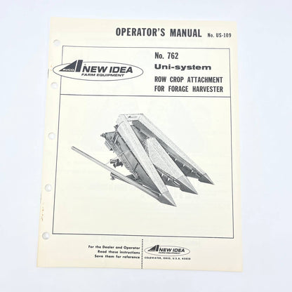 Original 1972 New Idea Operator Manual US-109 Uni-system Row Crop Attachment TB9