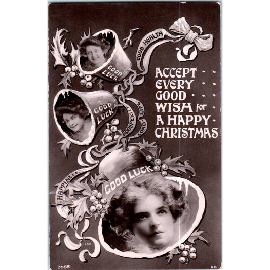 Christmas Ladies' Heads in Bells c1920 Original Postcard TK1-P13