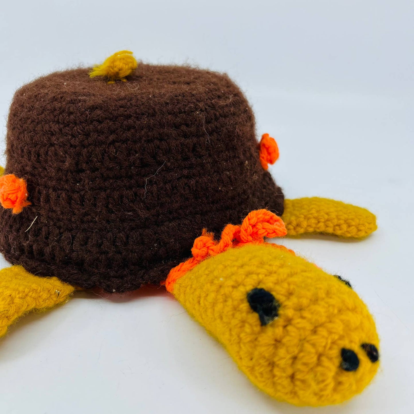 Vintage Retro 70s Kitschy Crocheted Turtle Brown Yellow Orange 11” TB8