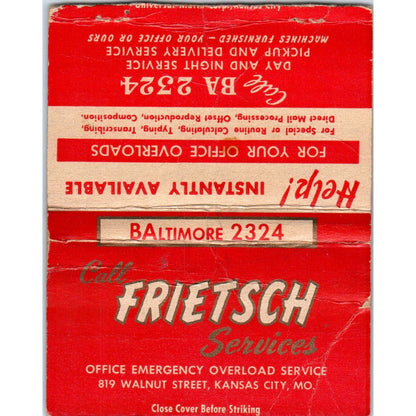 Frietsch Office Emergency Service Kansas City Wide Advertising Matchbook SA9-M7