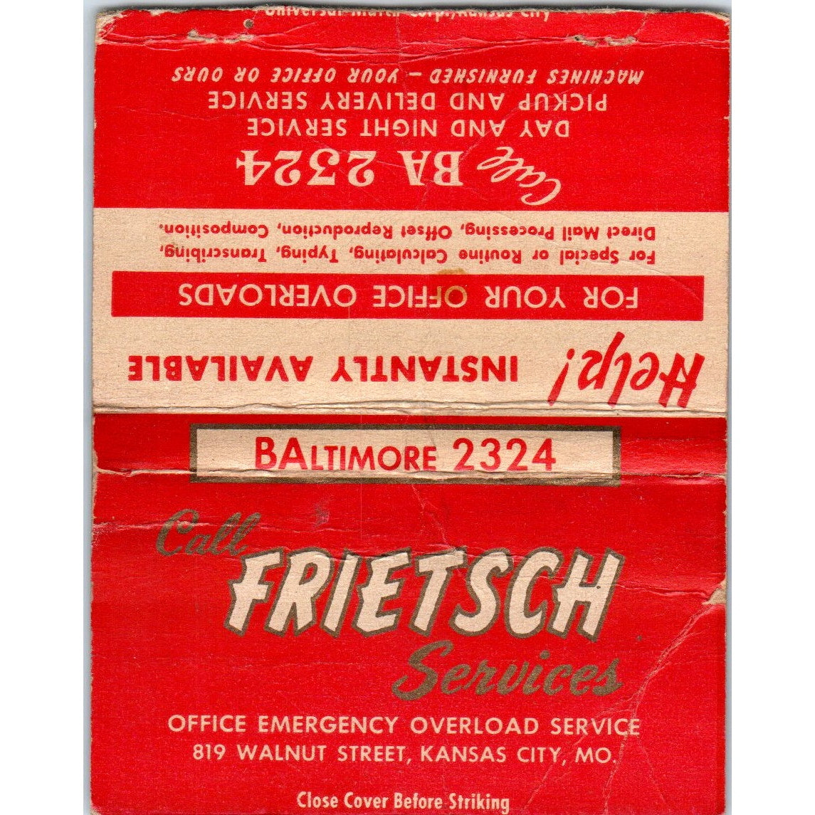 Frietsch Office Emergency Service Kansas City Wide Advertising Matchbook SA6-M7