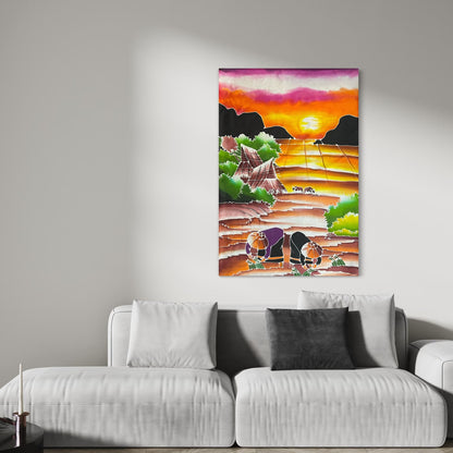 Original LARGE Samui Batik Rice Paddy Farmers Fabric Art Panel Thailand 46x31