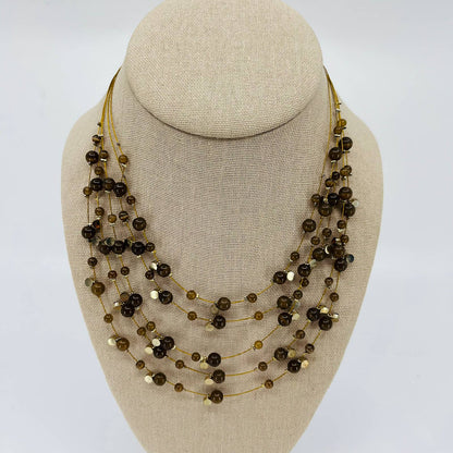 Vintage MCM Layered Brown Bead & Rhinestone Gold Tone Necklace SB2