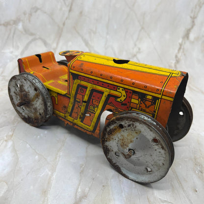 Marx Toy Wind Up Tin Litho Bulldozer/Tractor Yellow & Orange 8x3.5” TK2