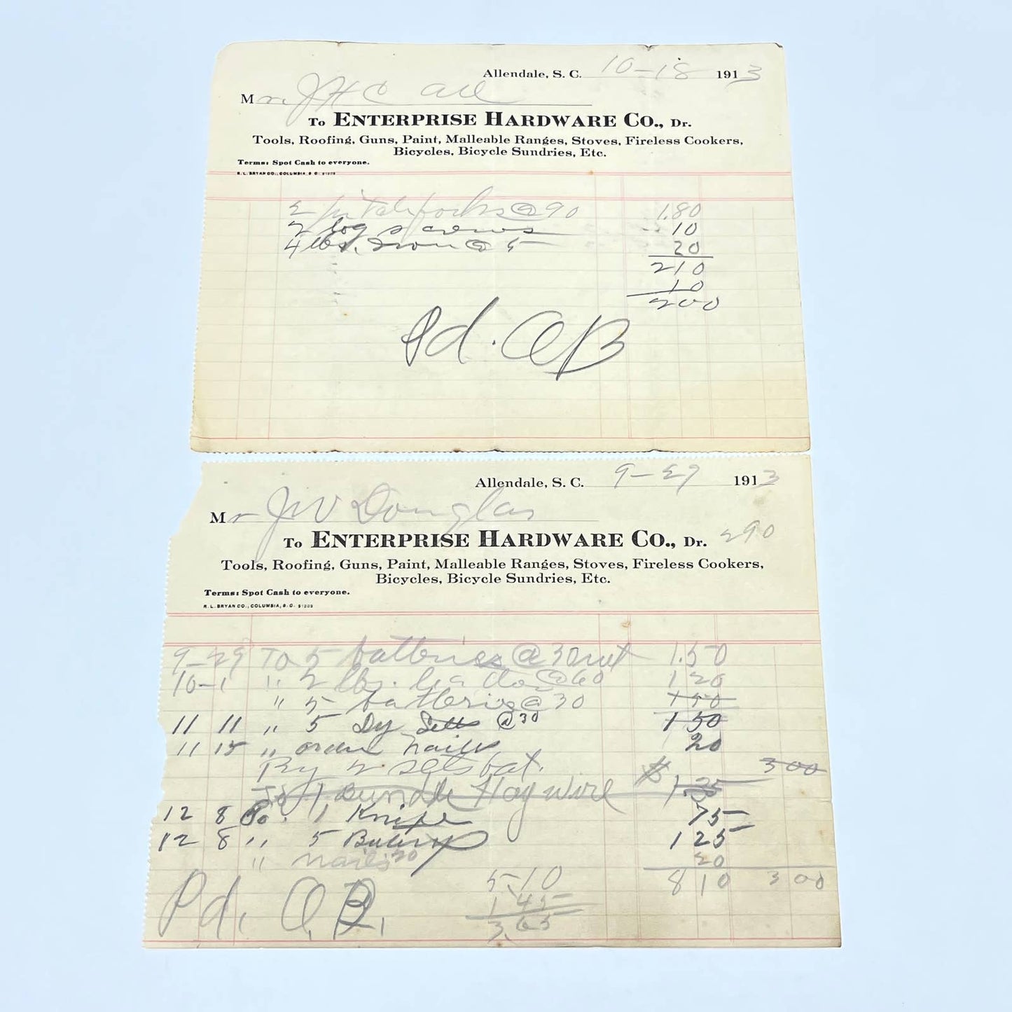 1913 Enterprise Hardware Co Letterhead Receipt Allendale SC Set of 2 AC3-2