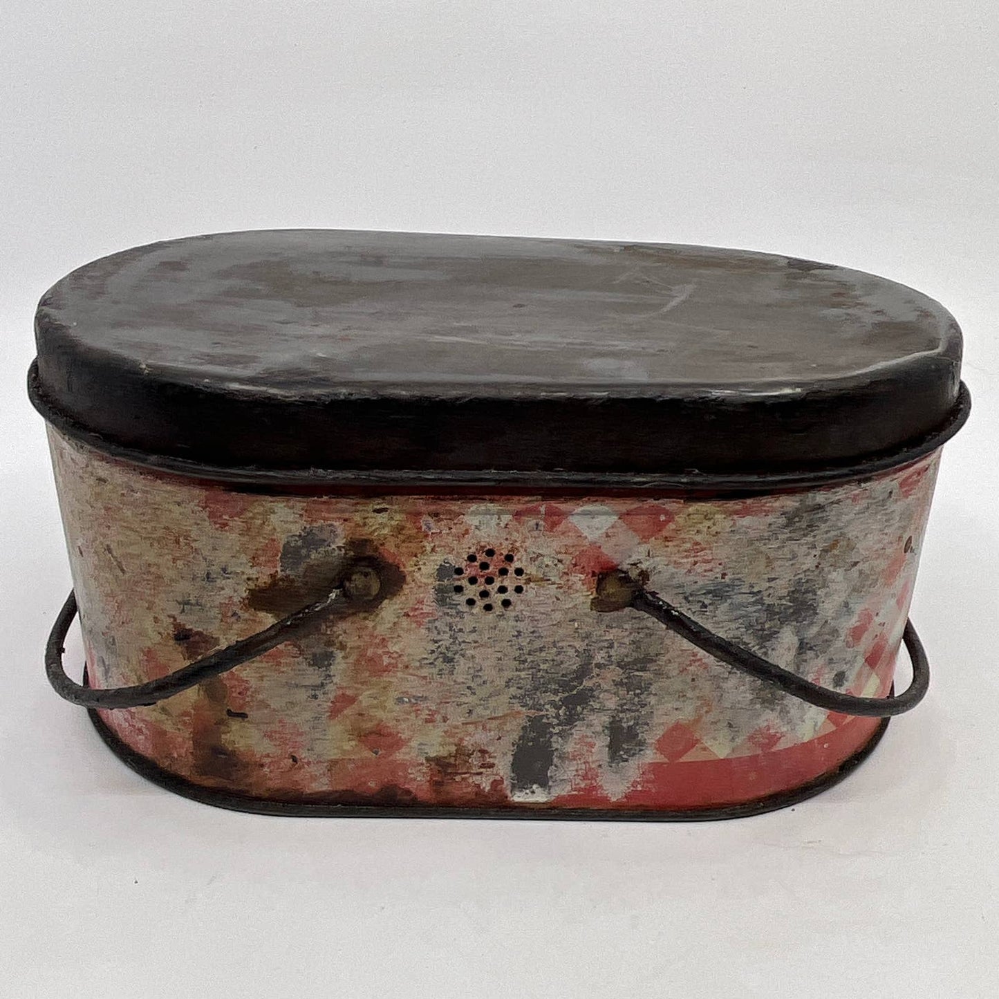 Antique PLAID Red & White Tin Oval Lunch Box Great Patina 8x5 TH5