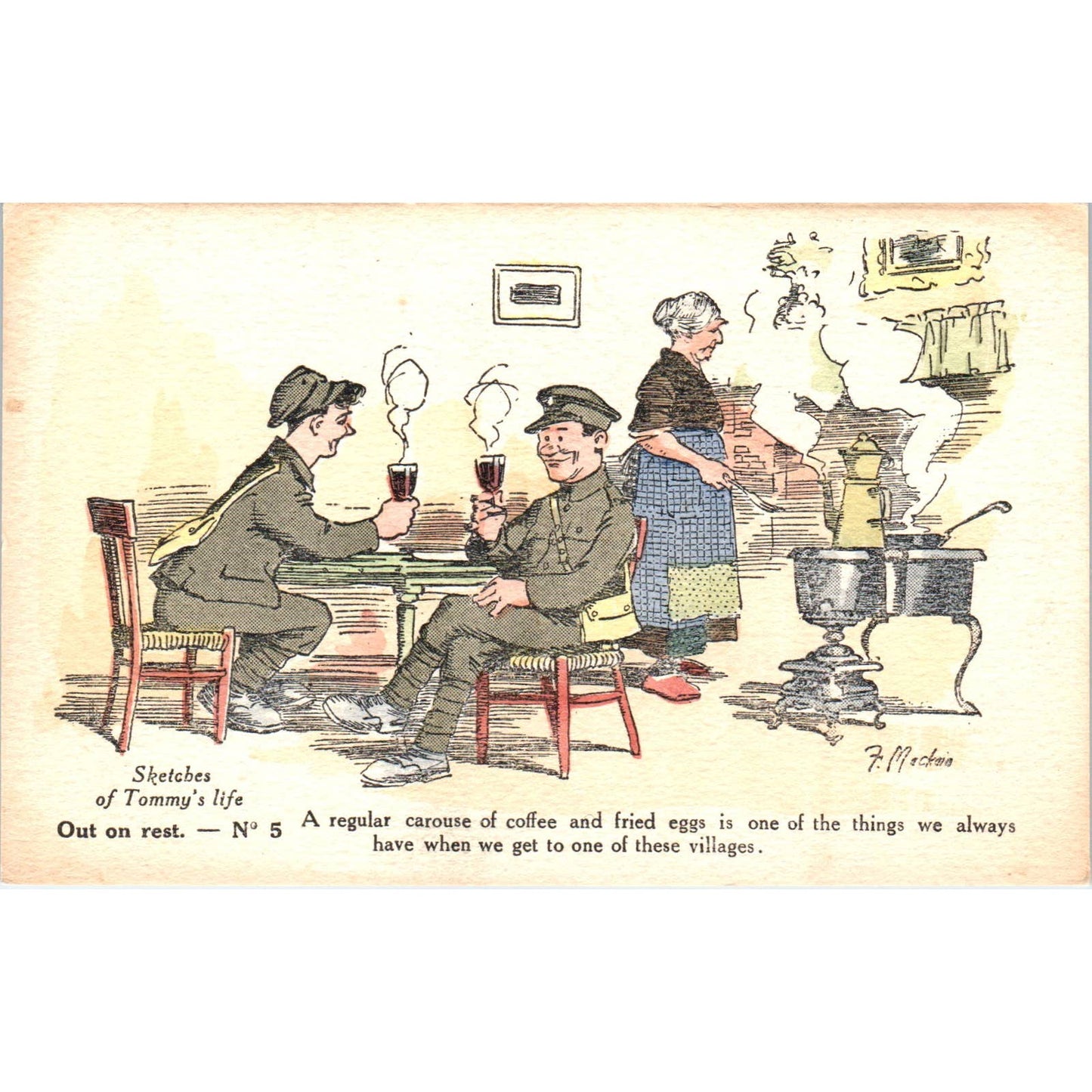 WW1 Fergus Mackain Wartime Sketches of Tommy's Life No.5 Postcard TK1-26