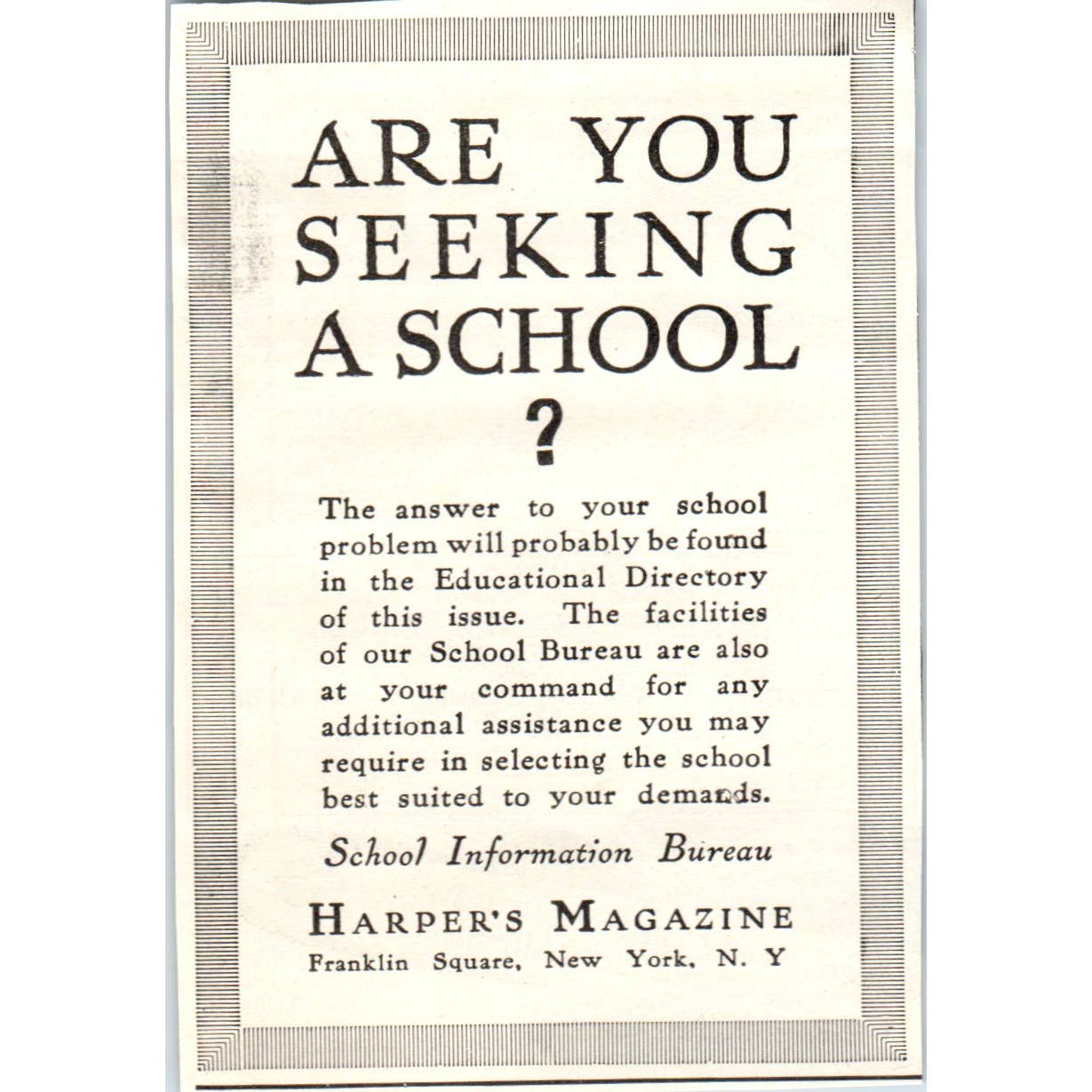 c1920 Harper's Magazine Ad - Harper's School Information Bureau EA3