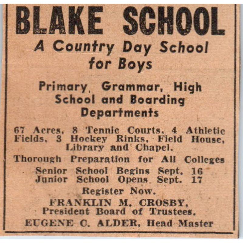 1935 Mpls Journal Newspaper Ad Blake School- A Country Day School for Boys FL5-6