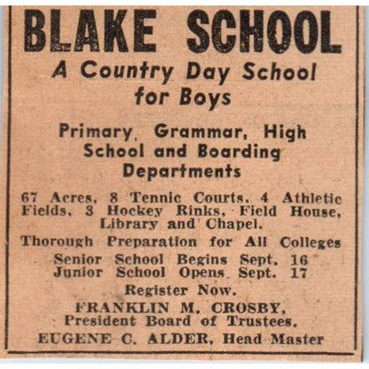 1935 Mpls Journal Newspaper Ad Blake School- A Country Day School for Boys FL5-6