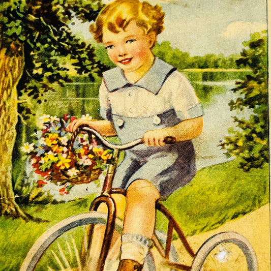 1910s Birthday Post Card Blue Boy Riding Tricycle Bouquet Flowers PA5