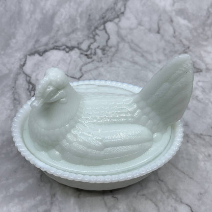 Westmorland Milk Glass Hen on Nest With Turned Head Woven Basket 5 1/2" Long TJ3