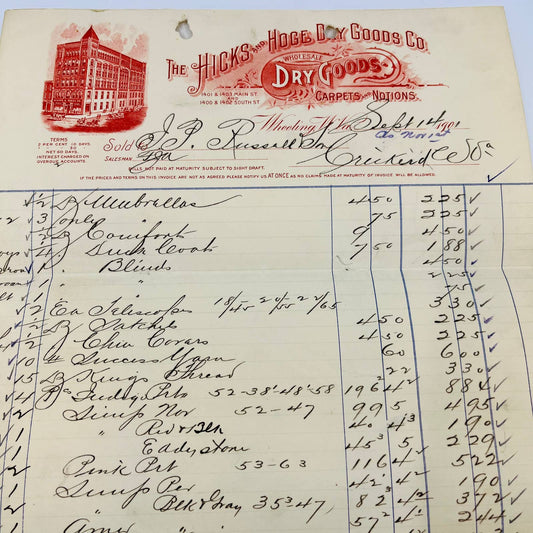 1901 The Hicks & Hoge Dry Goods Co Wheeling W VA Billhead Letterhead Receipt AA4