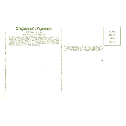 Vtg Postcard Driftwood Cafeteria St. Petersburg FL Dining Room Interior TJ7-1