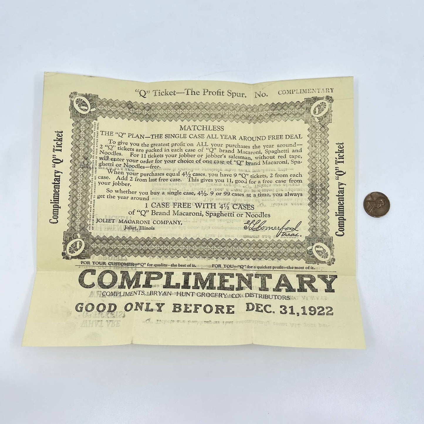 1922 Q Ticket for Q Brand Spaghetti Noodles Joliet Macaroni Company IL AA9-2