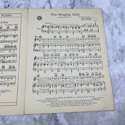 1940 "The Singing Hills" by David,Sanford & Mysels Sheet Music TH1