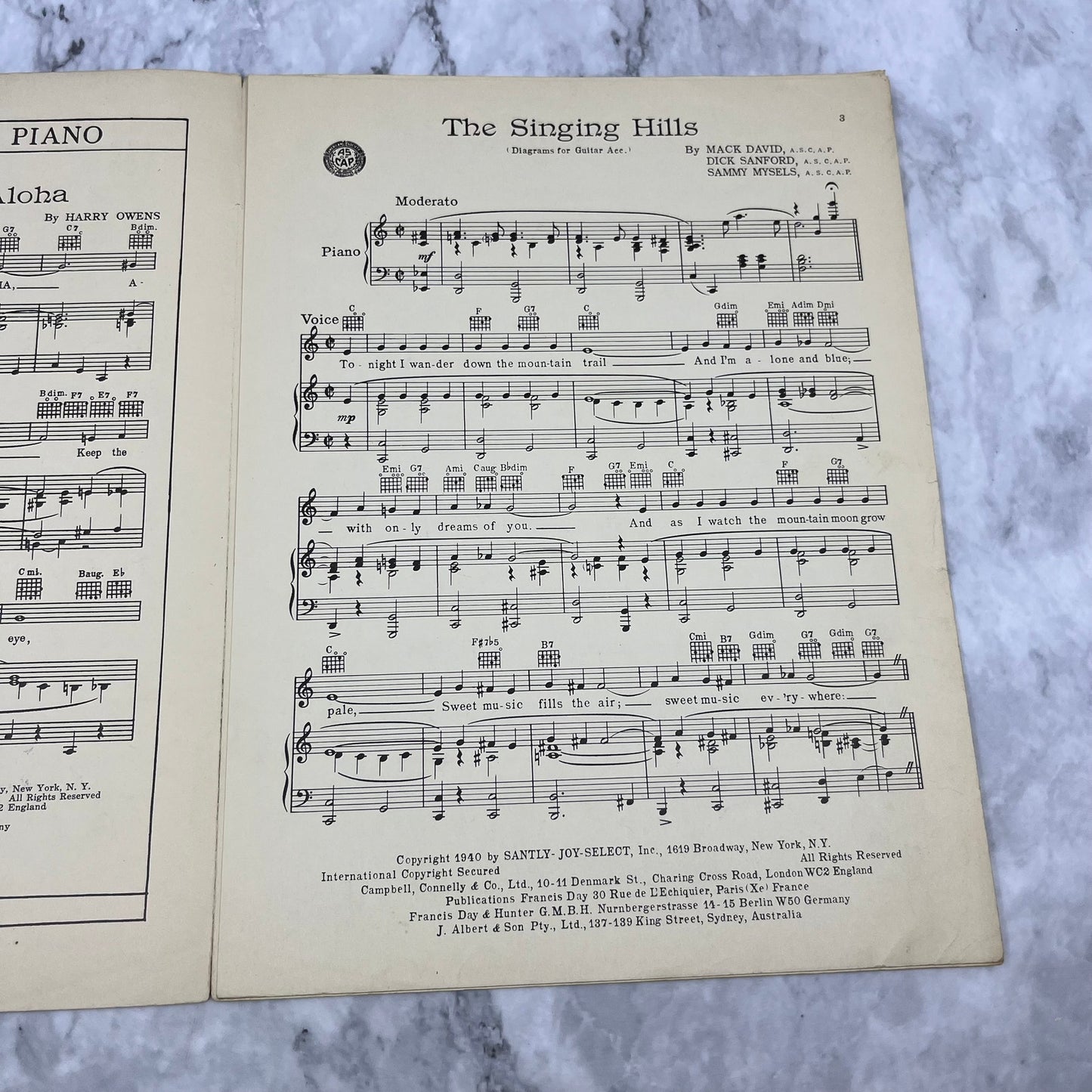 1940 "The Singing Hills" by David,Sanford & Mysels Sheet Music V42-4