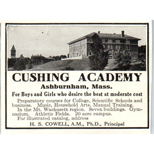 c1920 Harper's Magazine Ad - Cushing Academy Ashburnham MA H.S. Cowell EA3