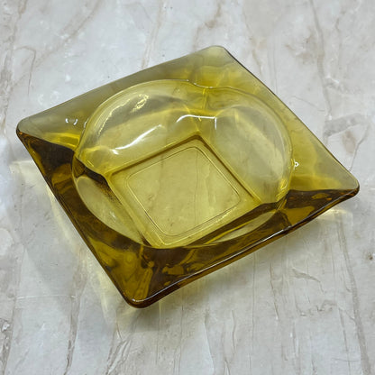 Square Yellow Amber Glass Cigar Ashtray Heavy MCM 4.5" Anchor Hocking TC9